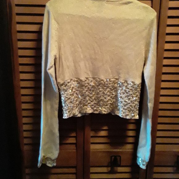 Venus SZ SM Cream Gold Sparkle Sequin Waist Cuffs Cashmere Wool Crop Sweater - Picture 2 of 6